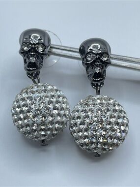 Gunmetal Skull Crystal Ball Dangle Earrings Goth Glam Statement